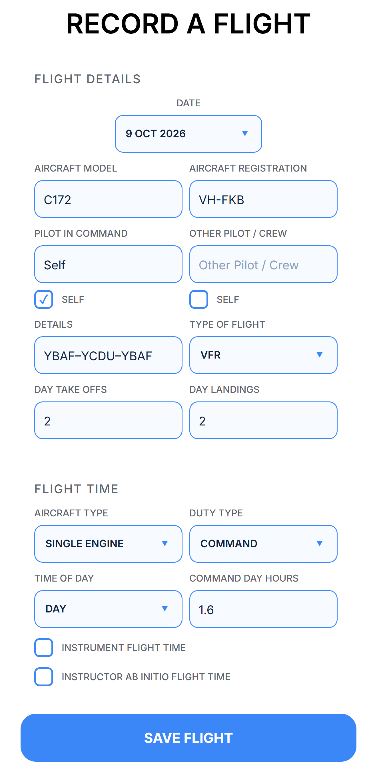 Recording a flight: aircraft, registration, pilot in command, details, take-offs, landings and command hours